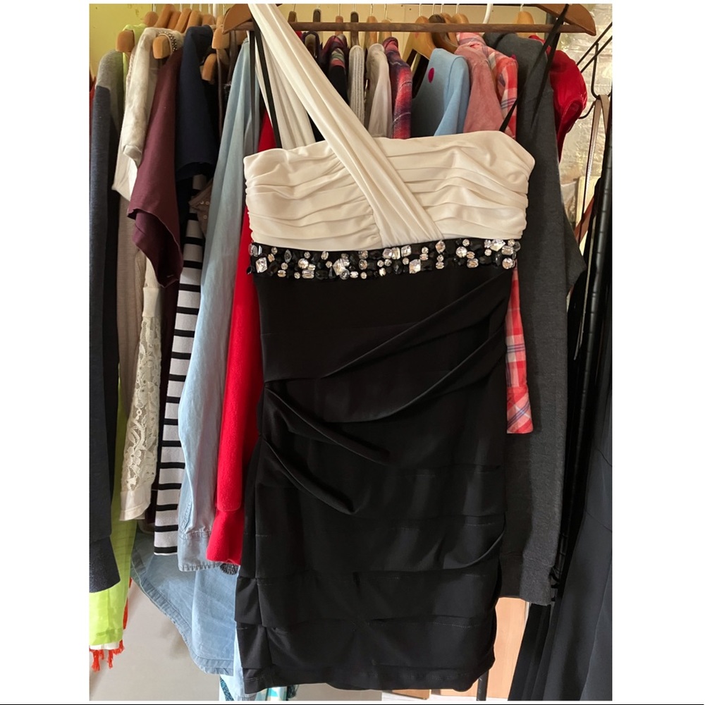 Deb White & black evening dress